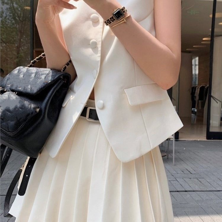 Korean Fashion Summer Pleated Skirt 2 Piece Set Women Elegant Sleeveless Button Tops+Wide Leg Pants Suits Y2k Casual Outfits