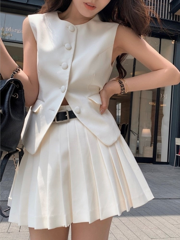 Korean Fashion Summer Pleated Skirt 2 Piece Set Women Elegant Sleeveless Button Tops+Wide Leg Pants Suits Y2k Casual Outfits white skirt set