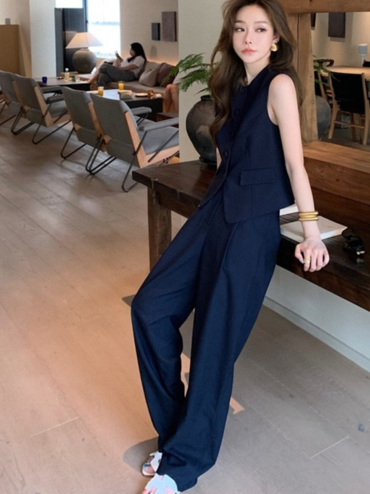 Korean Fashion Summer Pleated Skirt 2 Piece Set Women Elegant Sleeveless Button Tops+Wide Leg Pants Suits Y2k Casual Outfits blue pant set