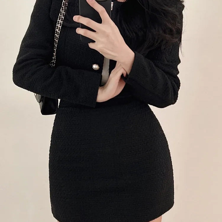 Korean Fashion Tweed 2 Two Piece Set Womens Outfits Autumn Long Sleeve Short Jacket + A-line Mini Skirt Suits Vintage