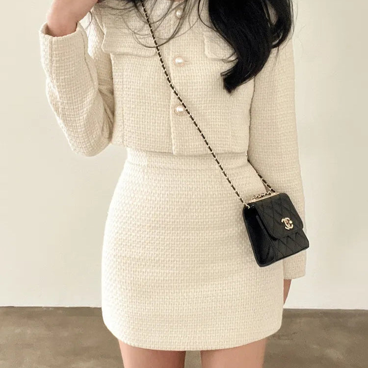 Korean Fashion Tweed 2 Two Piece Set Womens Outfits Autumn Long Sleeve Short Jacket + A-line Mini Skirt Suits Vintage