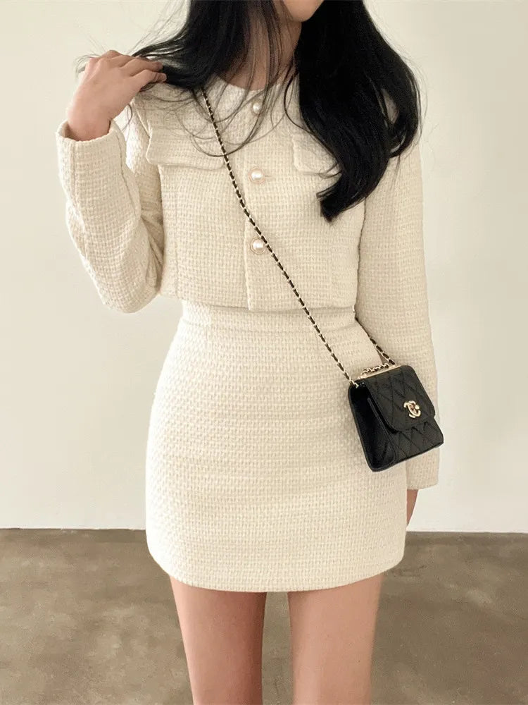 Korean Fashion Tweed 2 Two Piece Set Womens Outfits Autumn Long Sleeve Short Jacket + A-line Mini Skirt Suits Vintage