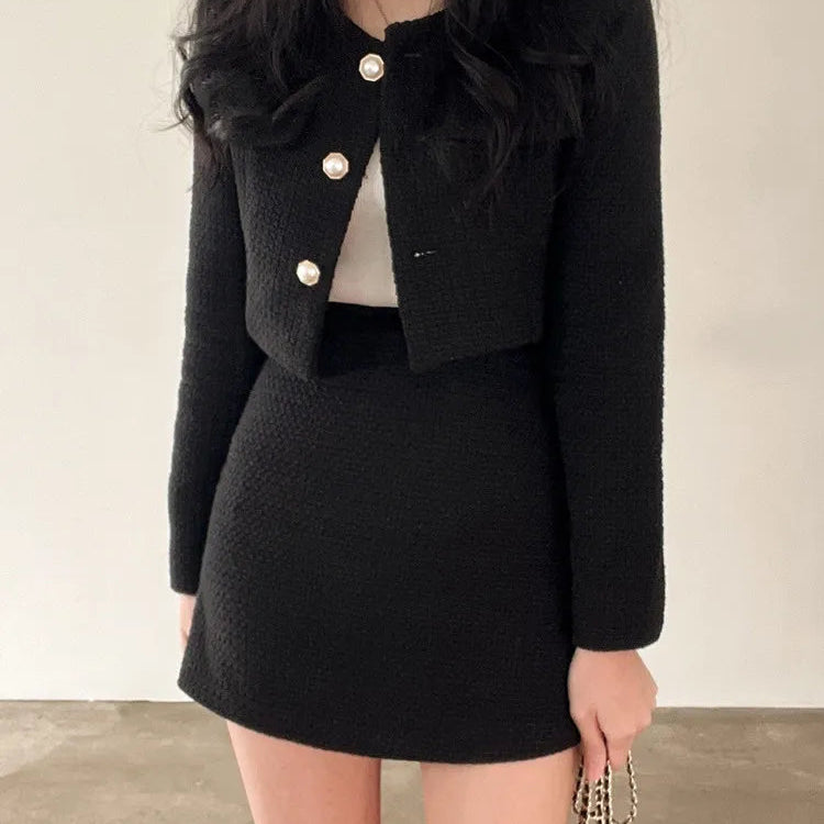 Korean Fashion Tweed 2 Two Piece Set Womens Outfits Autumn Long Sleeve Short Jacket + A-line Mini Skirt Suits Vintage