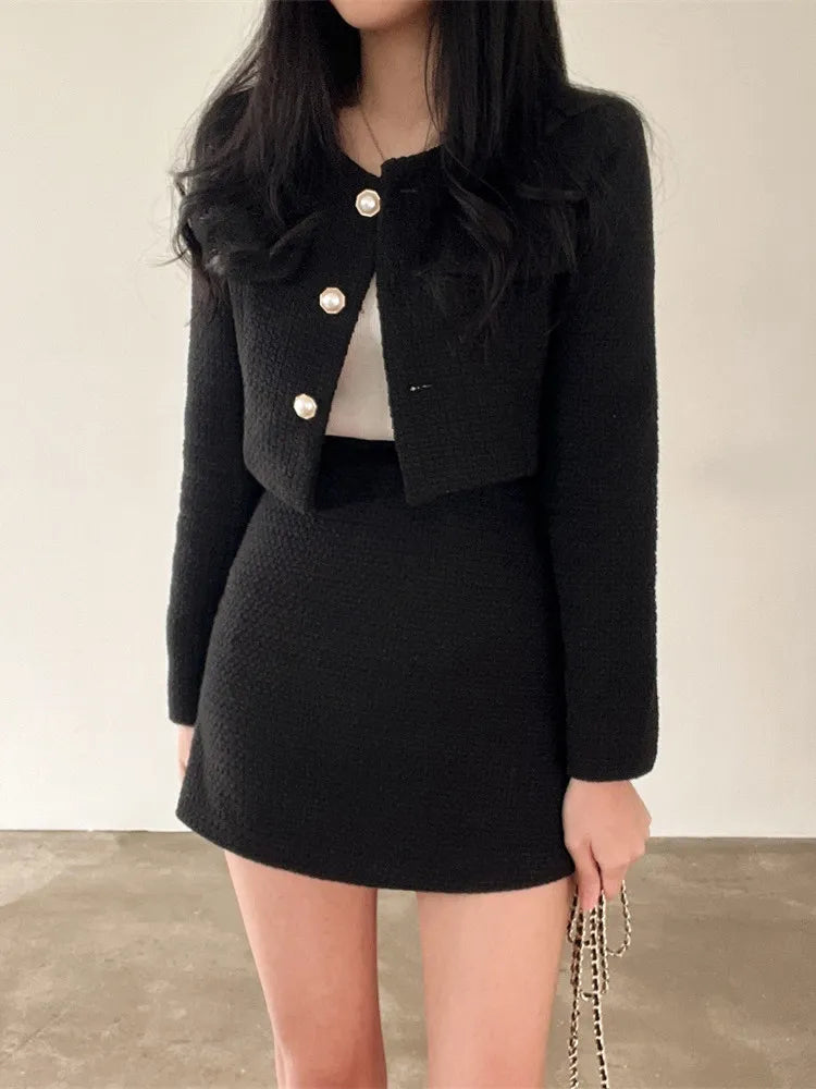 Korean Fashion Tweed 2 Two Piece Set Womens Outfits Autumn Long Sleeve Short Jacket + A-line Mini Skirt Suits Vintage
