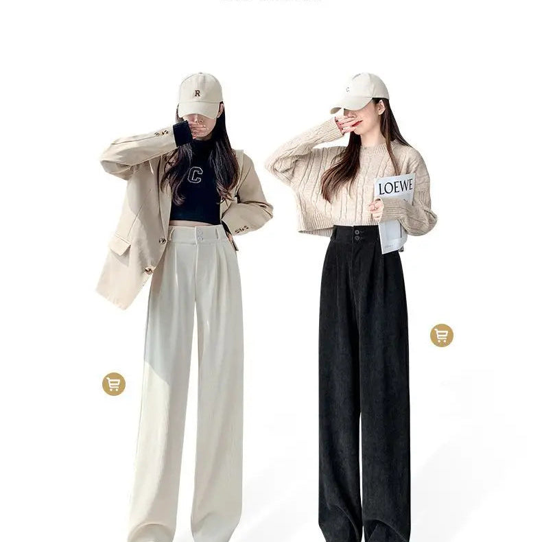 Korean Fashion Women's Pants Winter Plus Velvet Wide Leg Pants Casual Woman Pant High Waist Straight Women Loose Trousers
