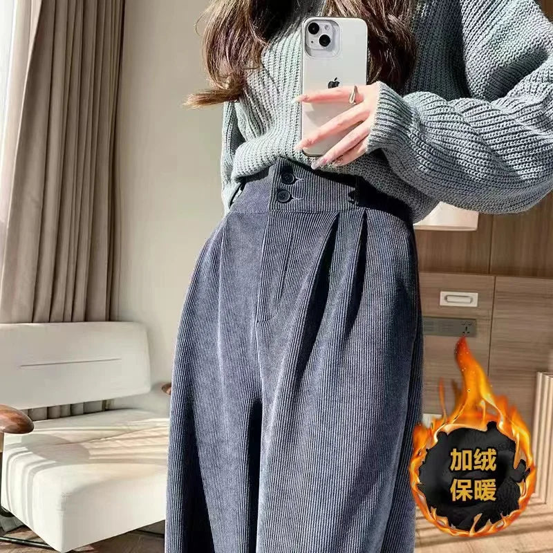 Korean Fashion Women's Pants Winter Plus Velvet Wide Leg Pants Casual Woman Pant High Waist Straight Women Loose Trousers