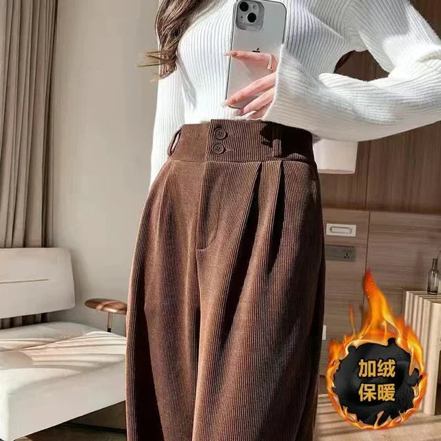 Korean Fashion Women's Pants Winter Plus Velvet Wide Leg Pants Casual Woman Pant High Waist Straight Women Loose Trousers Dark Brown