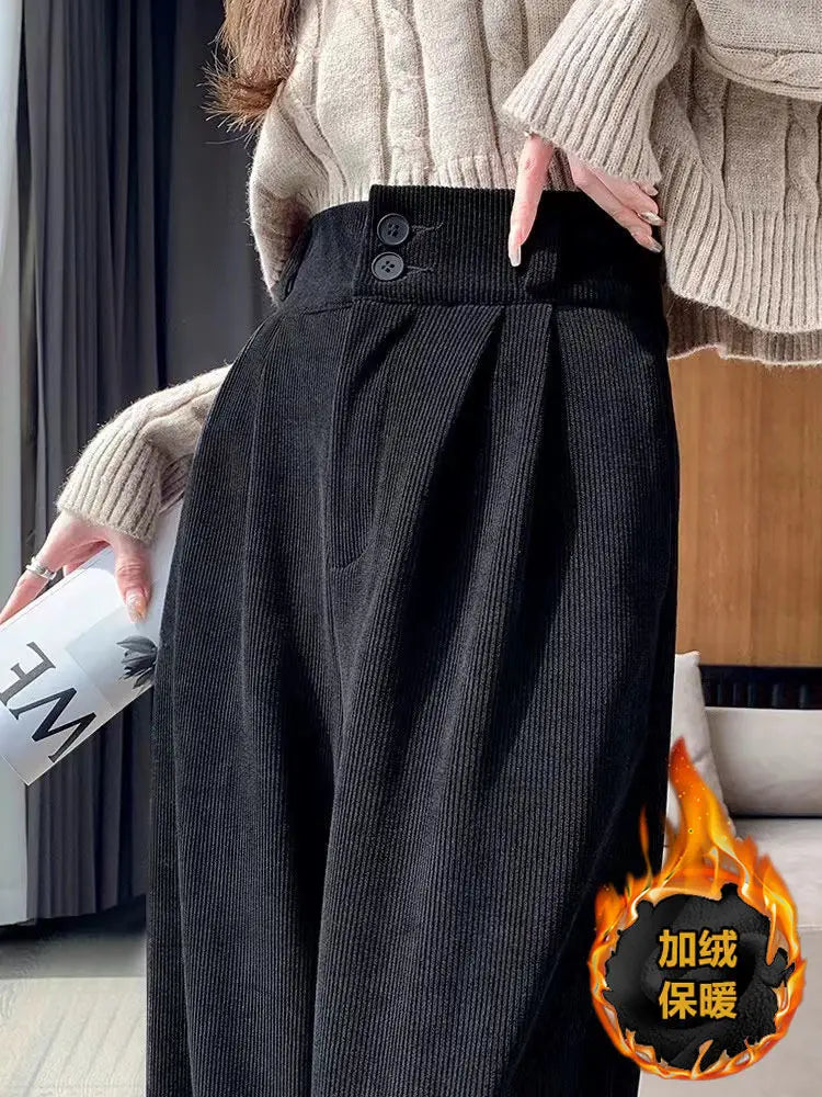 Korean Fashion Women's Pants Winter Plus Velvet Wide Leg Pants Casual Woman Pant High Waist Straight Women Loose Trousers