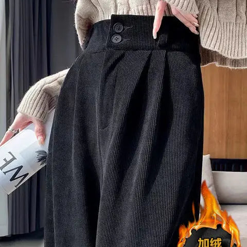 Korean Fashion Women's Pants Winter Plus Velvet Wide Leg Pants Casual Woman Pant High Waist Straight Women Loose Trousers black