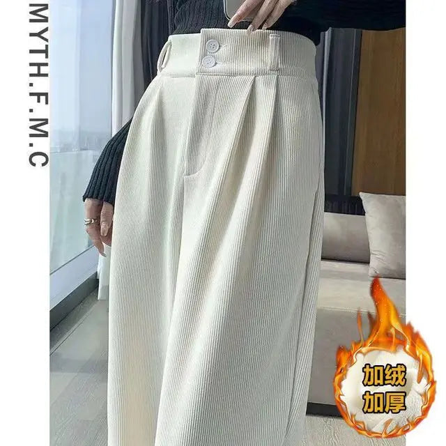 Korean Fashion Women's Pants Winter Plus Velvet Wide Leg Pants Casual Woman Pant High Waist Straight Women Loose Trousers Beige