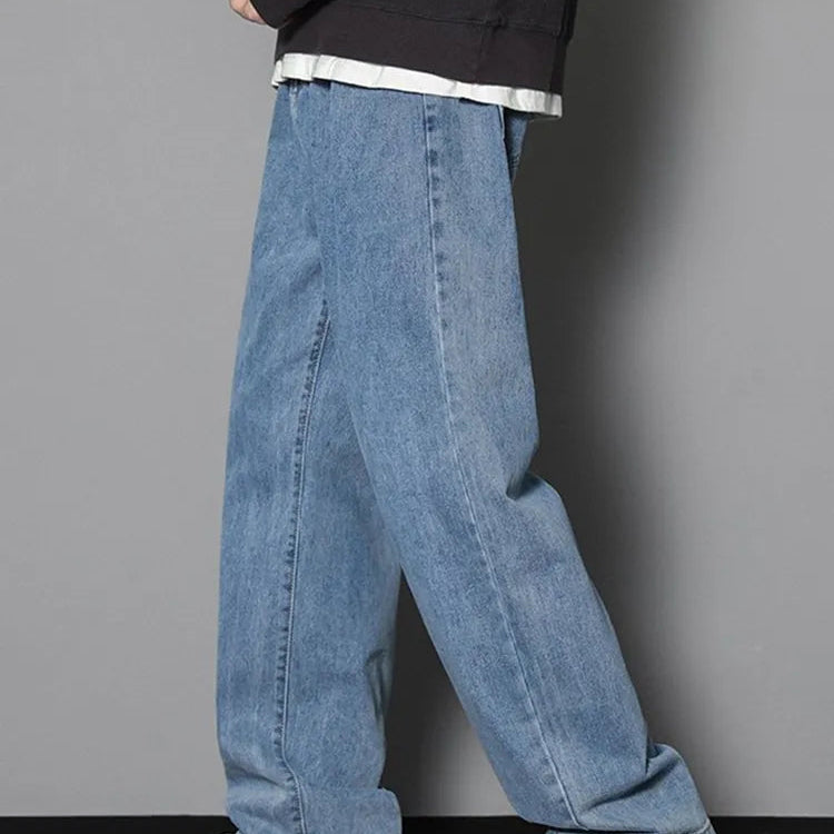 Korean Men's Casual Long Jeans Classic Man Straight Denim Wide-leg Pants Solid Color Light Blue Grey Black 3XL