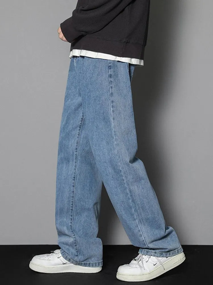 Korean Men's Casual Long Jeans Classic Man Straight Denim Wide-leg Pants Solid Color Light Blue Grey Black 3XL