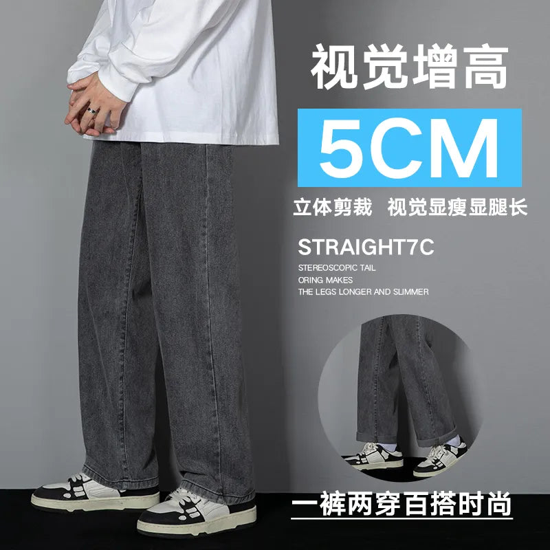 Korean Men's Casual Long Jeans Classic Man Straight Denim Wide-leg Pants Solid Color Light Blue Grey Black 3XL