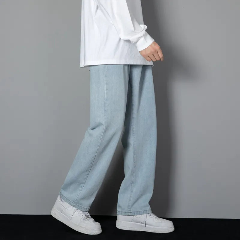 Korean Men's Casual Long Jeans Classic Man Straight Denim Wide-leg Pants Solid Color Light Blue Grey Black 3XL