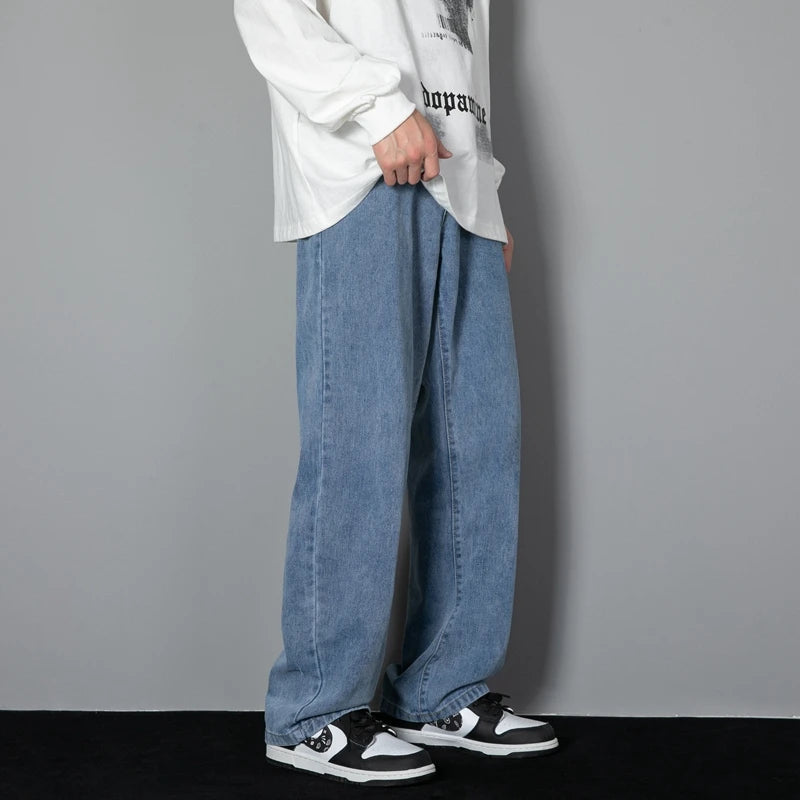 Korean Men's Casual Long Jeans Classic Man Straight Denim Wide-leg Pants Solid Color Light Blue Grey Black 3XL