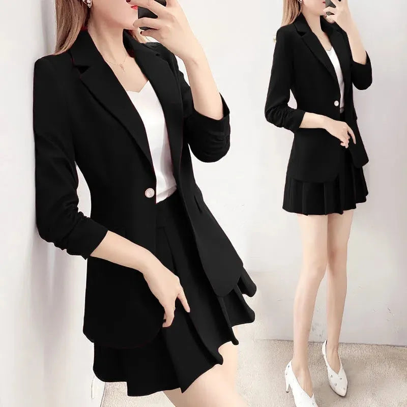 Korean Mini Pleated Skirts 2 Piece Set Thin Elegant Unlined Blazer Jacket And A-line Skirt Chic Suit Women Spring Autumn Outfits