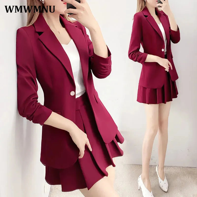 Korean Mini Pleated Skirts 2 Piece Set Thin Elegant Unlined Blazer Jacket And A-line Skirt Chic Suit Women Spring Autumn Outfits AMAIO