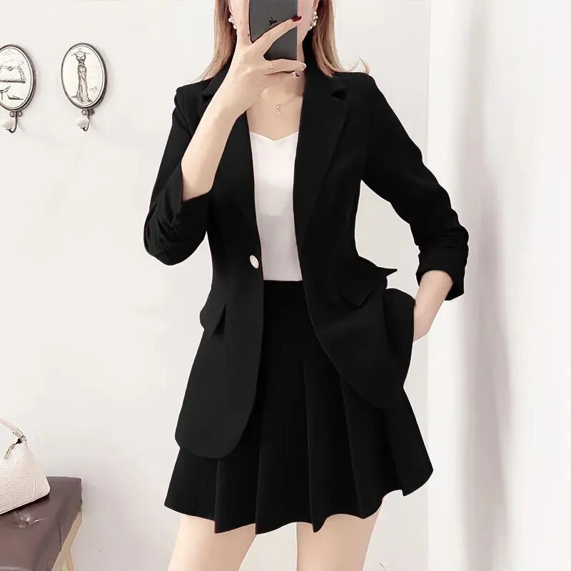 Korean Mini Pleated Skirts 2 Piece Set Thin Elegant Unlined Blazer Jacket And A-line Skirt Chic Suit Women Spring Autumn Outfits