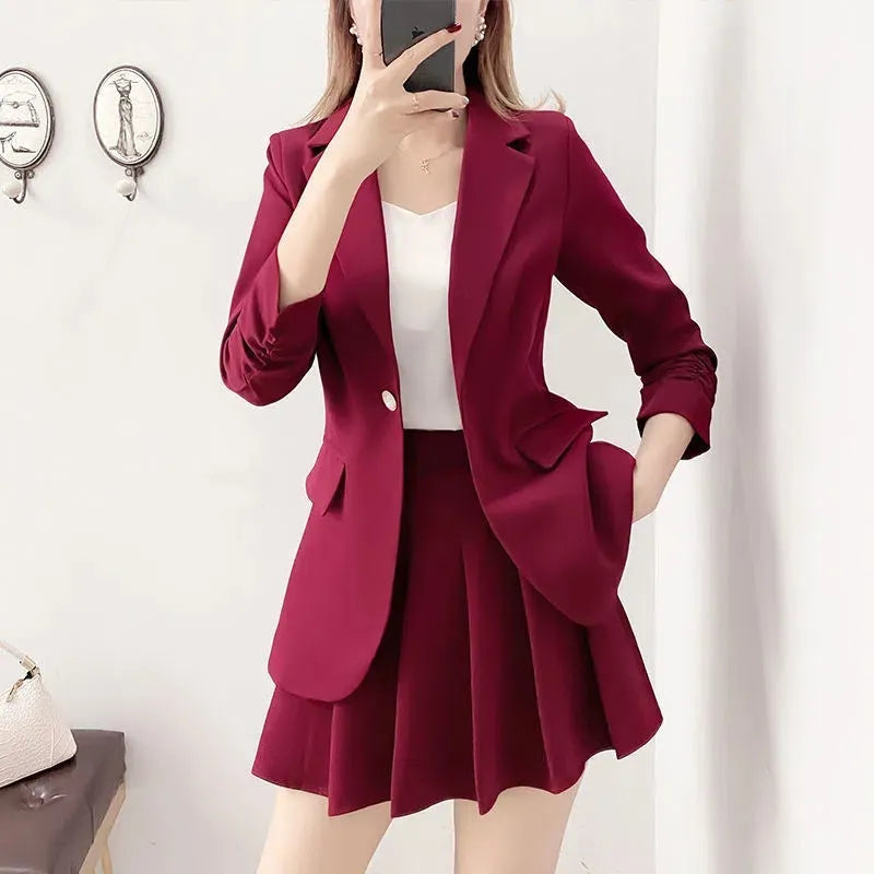 Korean Mini Pleated Skirts 2 Piece Set Thin Elegant Unlined Blazer Jacket And A-line Skirt Chic Suit Women Spring Autumn Outfits