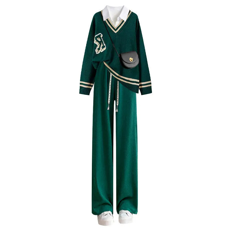 Korean Popular Autumn New Loose Knitted Sweater White Shirt Wide Leg Trousers Three Piece Elegant Women's Pants Set