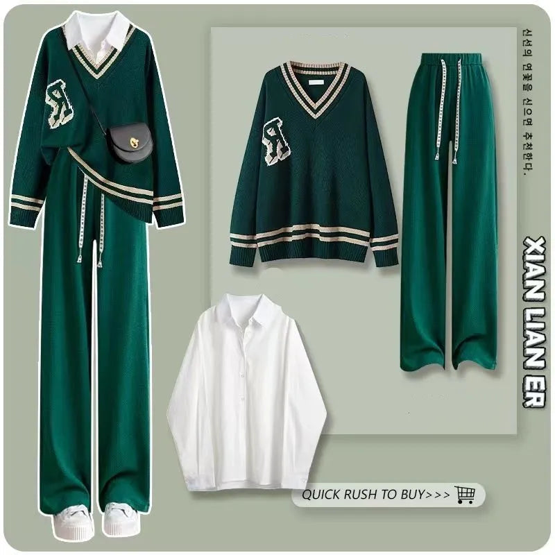 Korean Popular Autumn New Loose Knitted Sweater White Shirt Wide Leg Trousers Three Piece Elegant Women's Pants Set three piece set