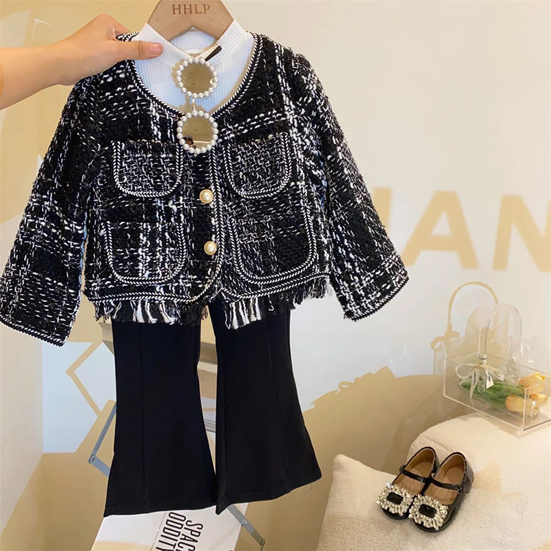 Korean Spring Suit For Girls Sets Fashionable Knitted Coat+Flared Pants Autumn Two Piece Set Girls Top And Bottom Clothes Set