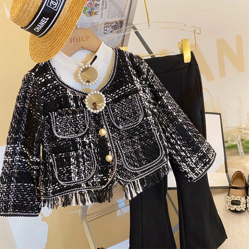 Korean Spring Suit For Girls Sets Fashionable Knitted Coat+Flared Pants Autumn Two Piece Set Girls Top And Bottom Clothes Set