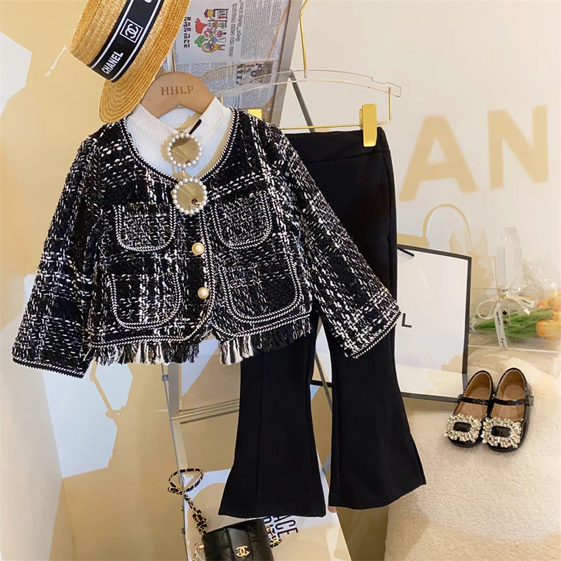 Korean Spring Suit For Girls Sets Fashionable Knitted Coat+Flared Pants Autumn Two Piece Set Girls Top And Bottom Clothes Set black