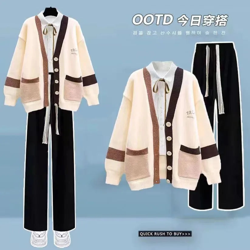 Korean Style Loose Knit Sweater Cardigan White Shirt Blouse Casual Pants Three Piece Elegant Women's Pants Set Winter Outfits 3pcs set 04