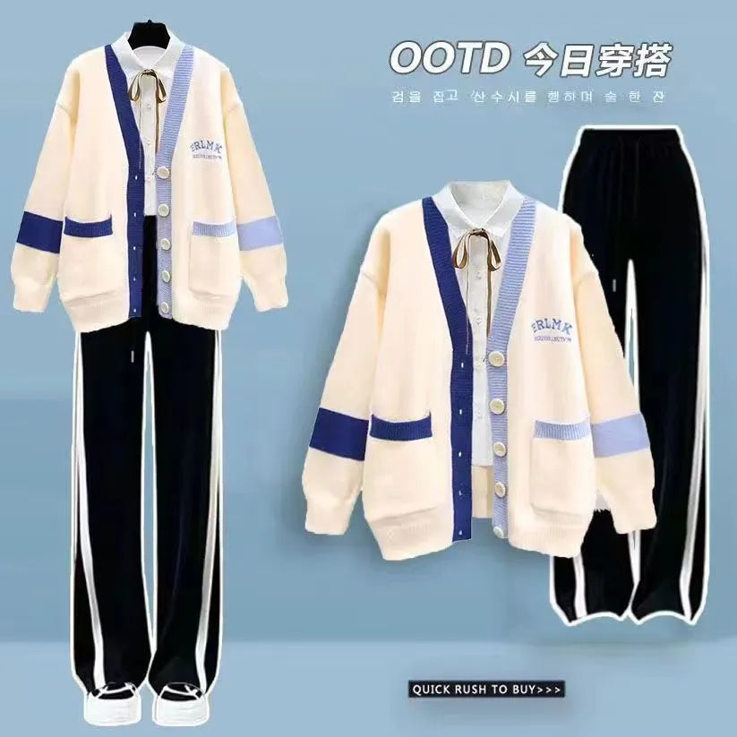 Korean Style Loose Knit Sweater Cardigan White Shirt Blouse Casual Pants Three Piece Elegant Women's Pants Set Winter Outfits 3pcs set 05