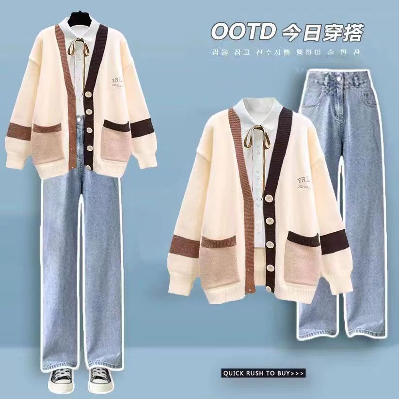 Korean Style Loose Knit Sweater Cardigan White Shirt Blouse Casual Pants Three Piece Elegant Women's Pants Set Winter Outfits 3pcs set 02