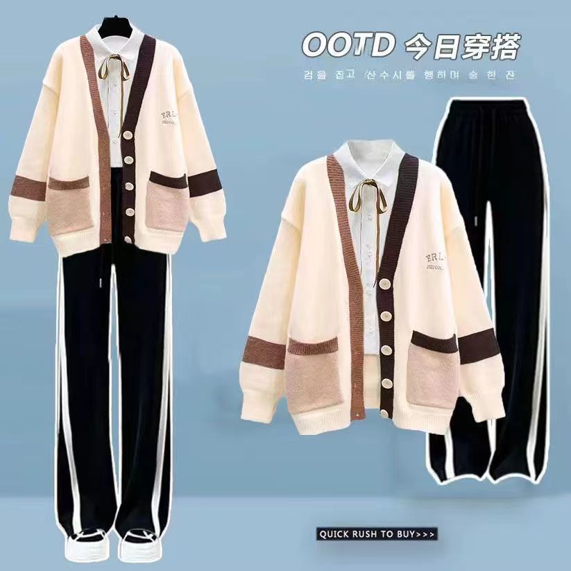 Korean Style Loose Knit Sweater Cardigan White Shirt Blouse Casual Pants Three Piece Elegant Women's Pants Set Winter Outfits 3pcs set 06