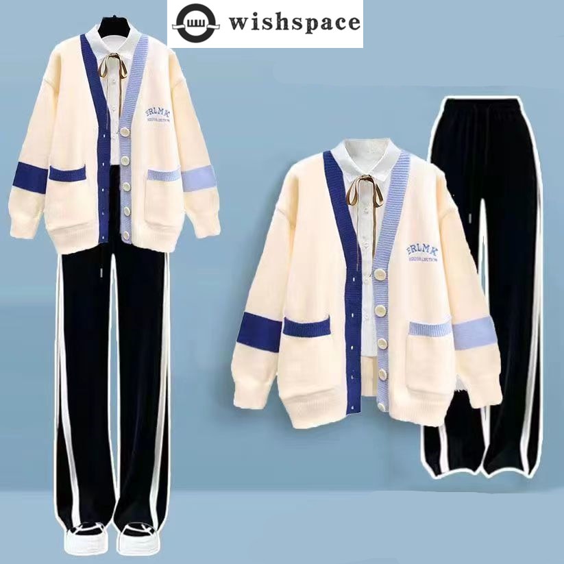 Korean Style Loose Knit Sweater Cardigan White Shirt Blouse Casual Pants Three Piece Elegant Women's Pants Set Winter Outfits