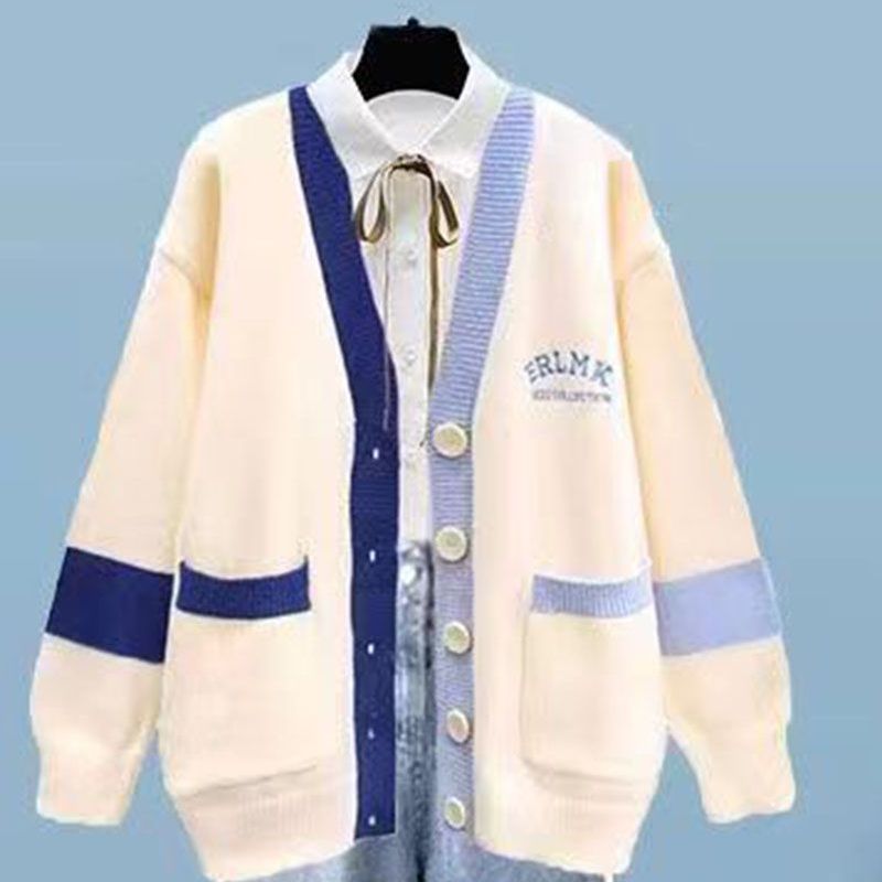 Korean Style Loose Knit Sweater Cardigan White Shirt Blouse Casual Pants Three Piece Elegant Women's Pants Set Winter Outfits blouse and sweater