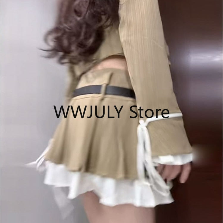 Korean Style Suit Preppy Elegant 3 Piece Set Skirt Woman Khaki Short Blazers + Casual Shirt + Fashion Y2k Mini Skirt 2024 Autumn
