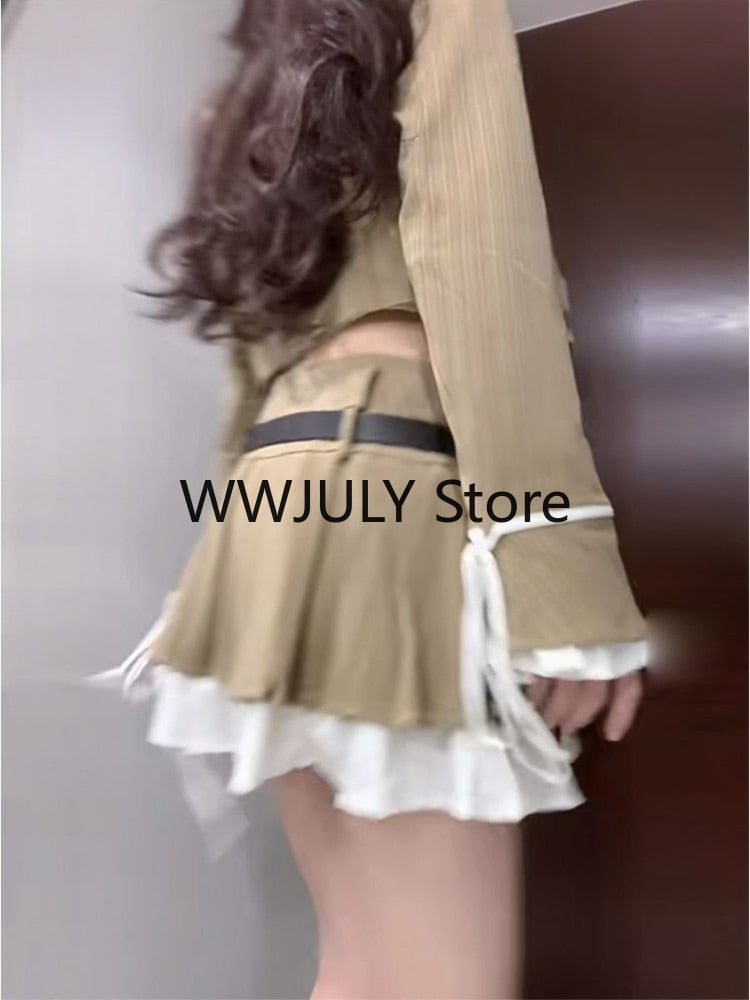 Korean Style Suit Preppy Elegant 3 Piece Set Skirt Woman Khaki Short Blazers + Casual Shirt + Fashion Y2k Mini Skirt 2024 Autumn