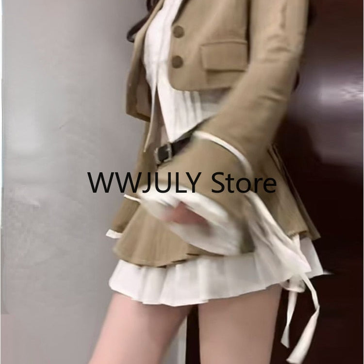 Korean Style Suit Preppy Elegant 3 Piece Set Skirt Woman Khaki Short Blazers + Casual Shirt + Fashion Y2k Mini Skirt 2024 Autumn