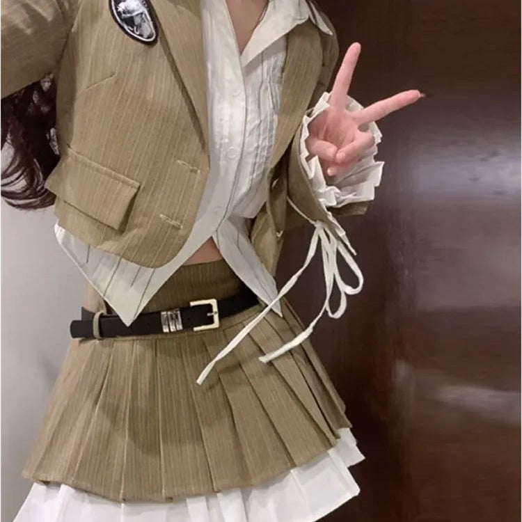 Korean Style Suit Preppy Elegant 3 Piece Set Skirt Woman Khaki Short Blazers + Casual Shirt + Fashion Y2k Mini Skirt 2024 Autumn AMAIO