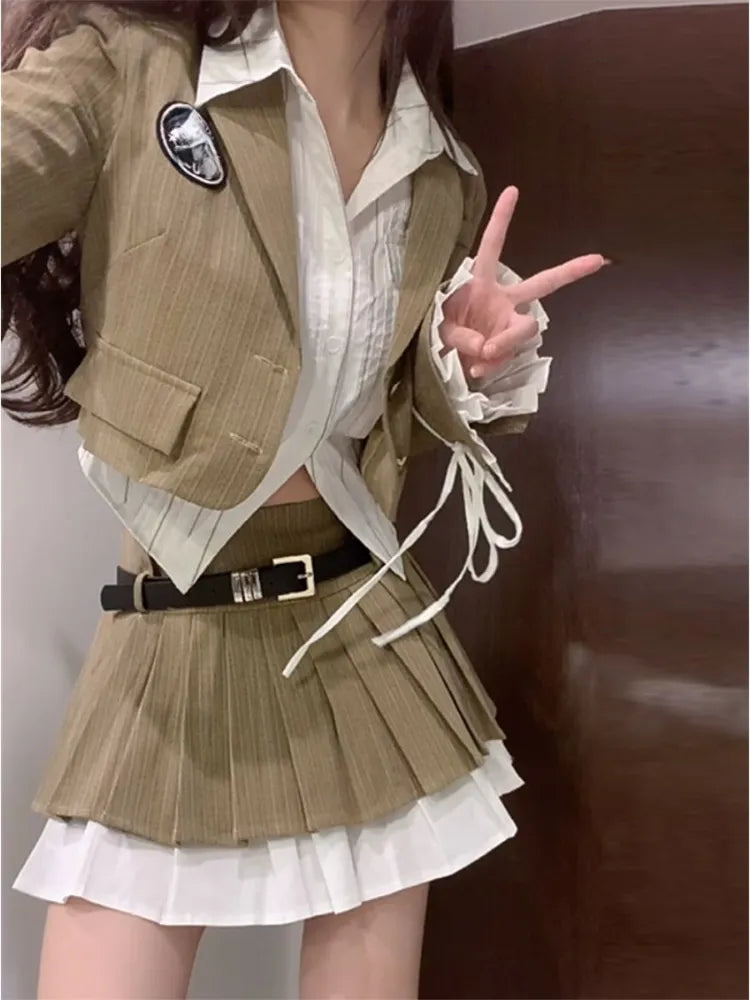 Korean Style Suit Preppy Elegant 3 Piece Set Skirt Woman Khaki Short Blazers + Casual Shirt + Fashion Y2k Mini Skirt 2024 Autumn