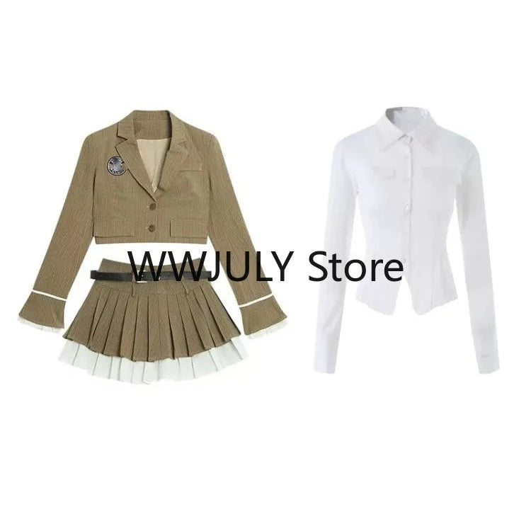 Korean Style Suit Preppy Elegant 3 Piece Set Skirt Woman Khaki Short Blazers + Casual Shirt + Fashion Y2k Mini Skirt 2024 Autumn 3 Piece Set