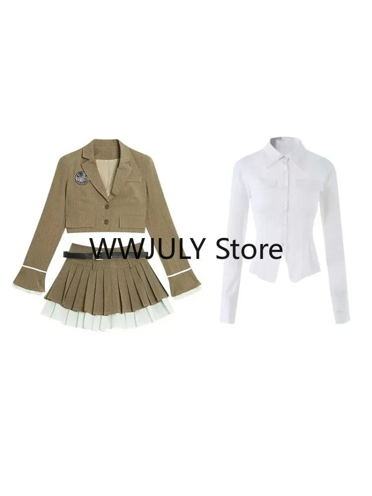 Korean Style Suit Preppy Elegant 3 Piece Set Skirt Woman Khaki Short Blazers + Casual Shirt + Fashion Y2k Mini Skirt 2024 Autumn 3 Piece Set