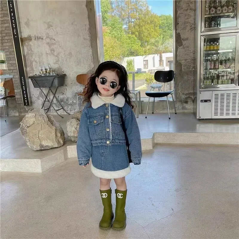 Korean Winter Suit For Girls Sets Thickened Warm Jacket+Denim Skirt Autumn Two Piece Set Girls Top And Bottom Clothes Set