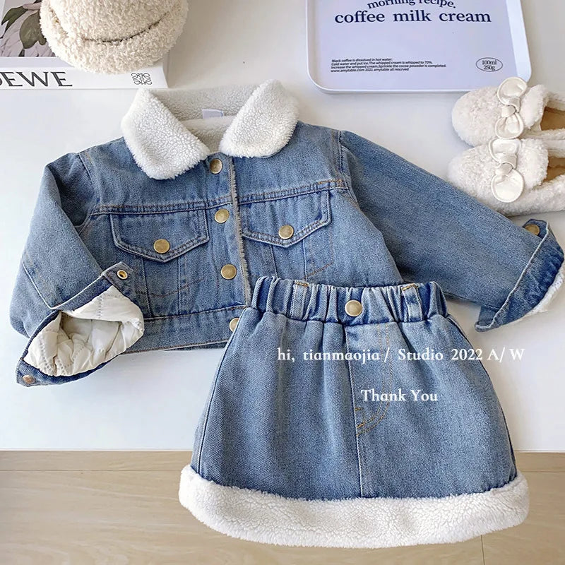 Korean Winter Suit For Girls Sets Thickened Warm Jacket+Denim Skirt Autumn Two Piece Set Girls Top And Bottom Clothes Set AMAIO