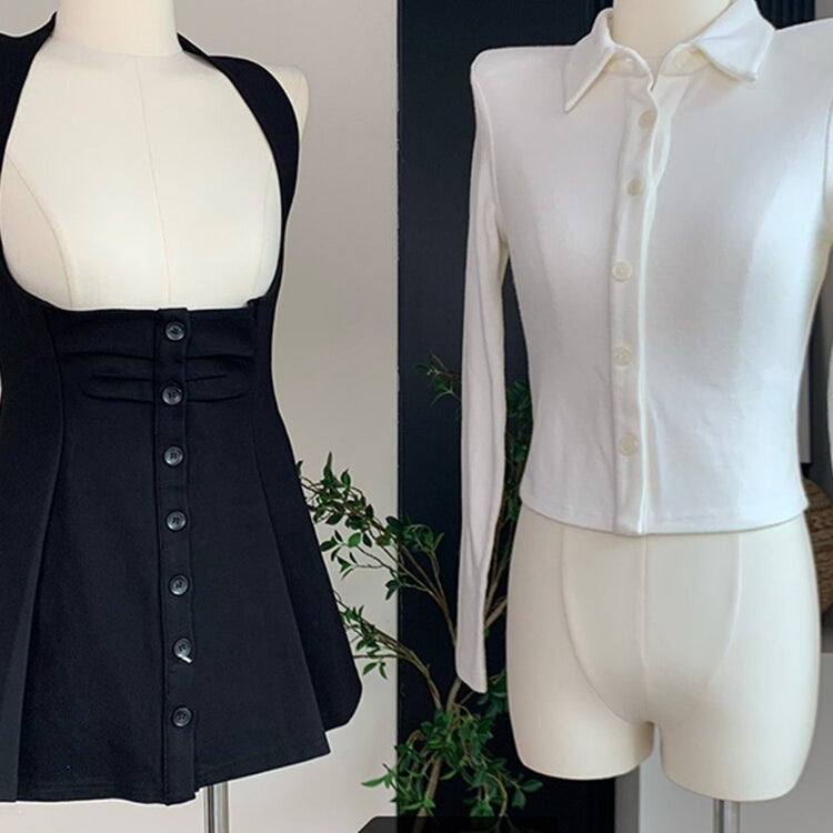 Korean Y2k Two Piece Sets Fall Outfits Office Women Skirt Sets Lapel Cardigan Crop Tops + Suspender Mini Skirt Elegante Clothes