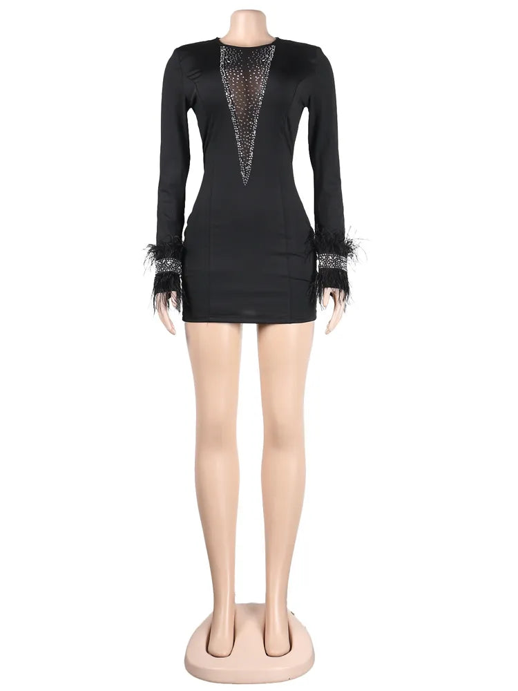 Kricesseen Sexy White Mesh Patchwork Skinny Mini Dress Women Feather Long Sleeve See Through Bodycon Birthday Clubwear Dress