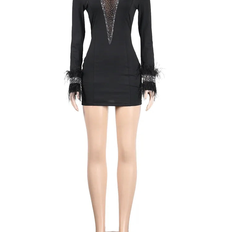 Kricesseen Sexy White Mesh Patchwork Skinny Mini Dress Women Feather Long Sleeve See Through Bodycon Birthday Clubwear Dress black