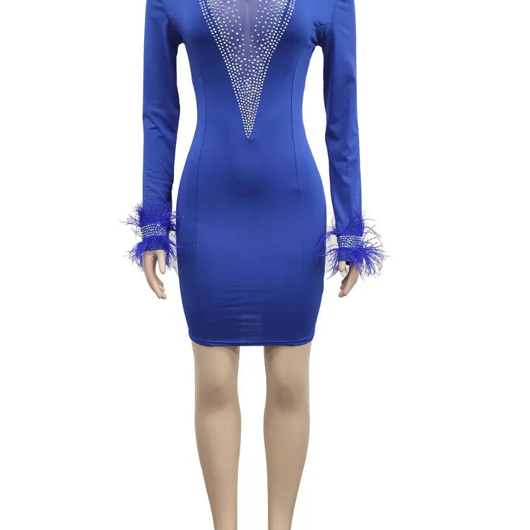 Kricesseen Sexy White Mesh Patchwork Skinny Mini Dress Women Feather Long Sleeve See Through Bodycon Birthday Clubwear Dress Blue