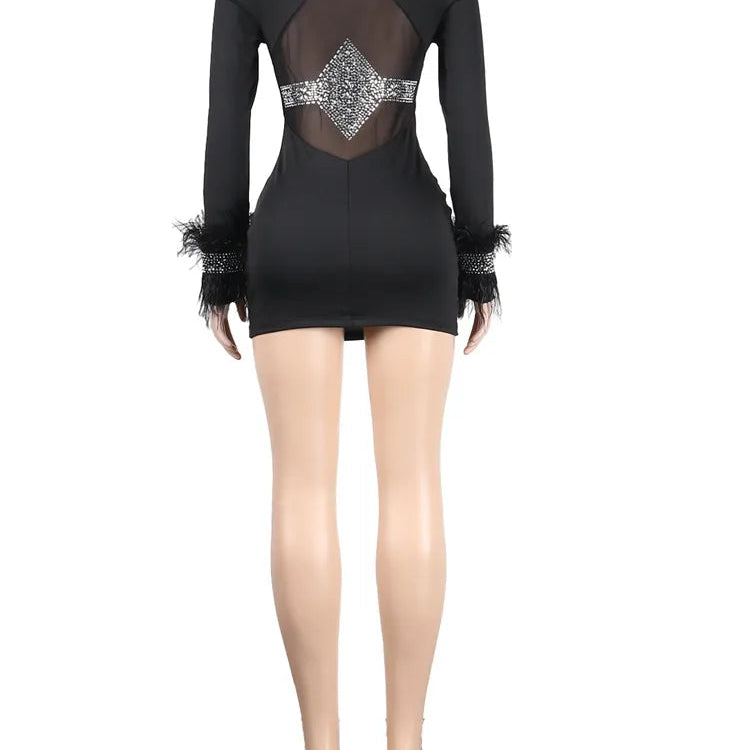 Kricesseen Sexy White Mesh Patchwork Skinny Mini Dress Women Feather Long Sleeve See Through Bodycon Birthday Clubwear Dress