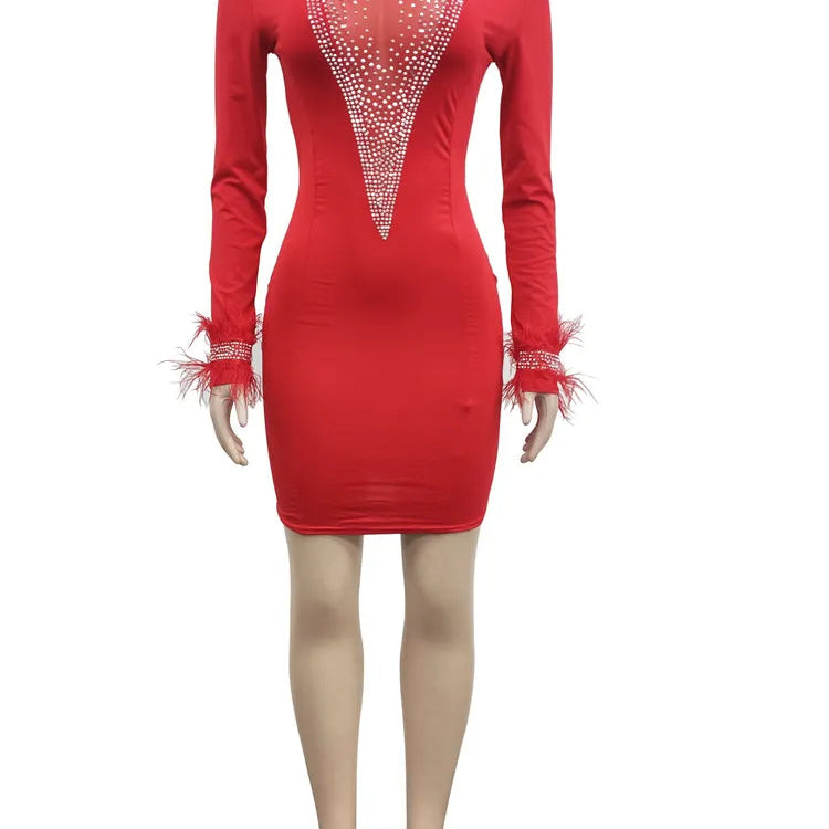 Kricesseen Sexy White Mesh Patchwork Skinny Mini Dress Women Feather Long Sleeve See Through Bodycon Birthday Clubwear Dress Red