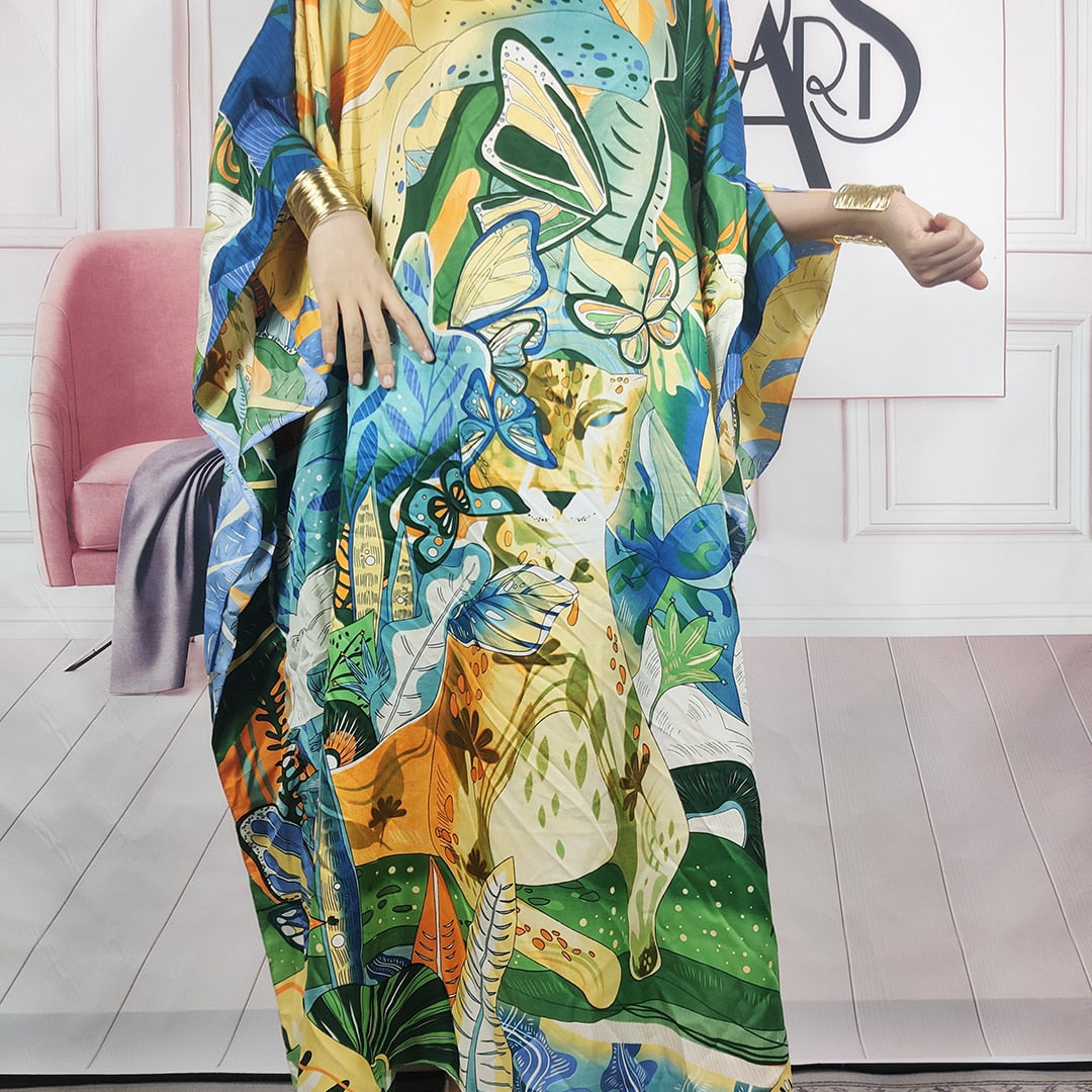 Kuwait Fashion - 2024 Summer Boho Loose Silk Kaftan Maxi Dress Oversized African Muslim Lady Abaya